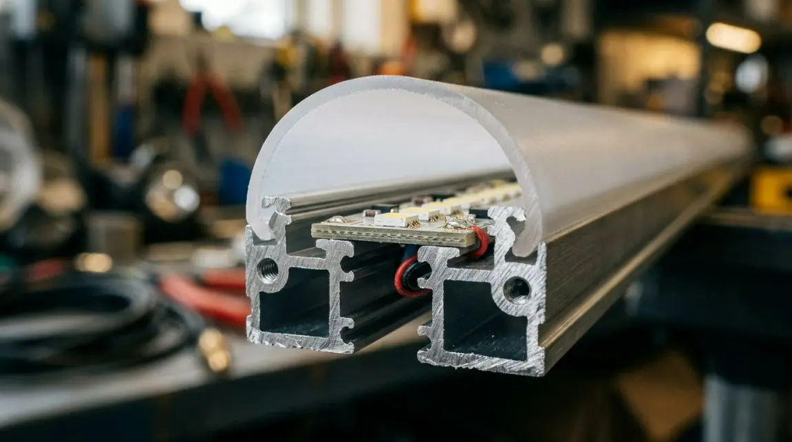Close-up macro shot of a T5 LED tube housing cross-section showing the aluminum base and the PC diffuser profile.